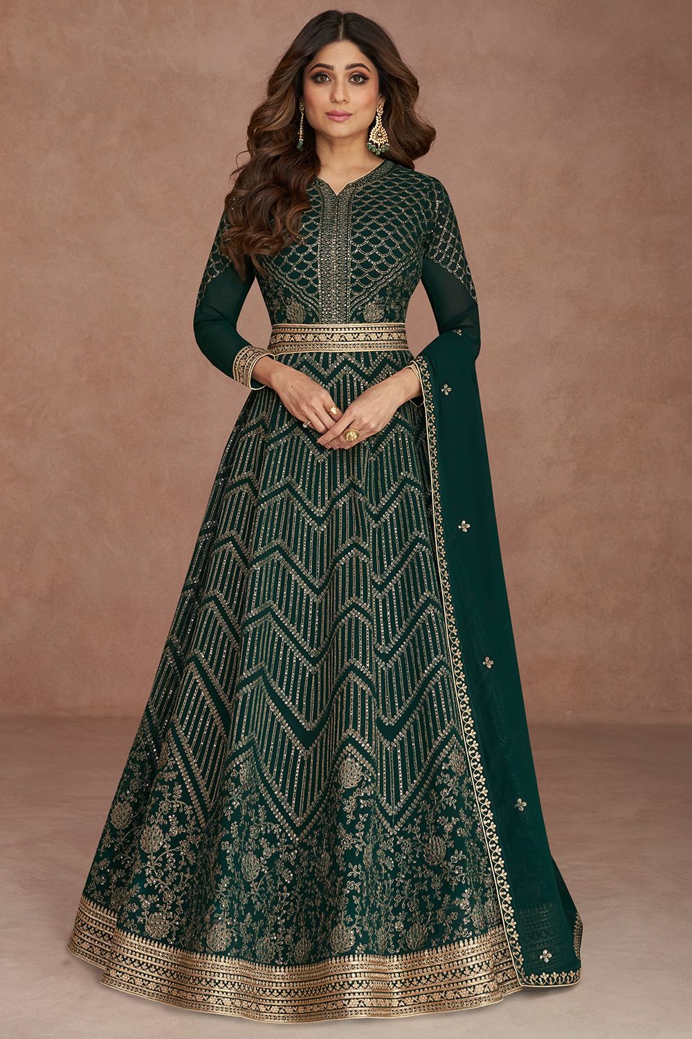 Dark Green Georgette  Embroidered Anarkali Suit