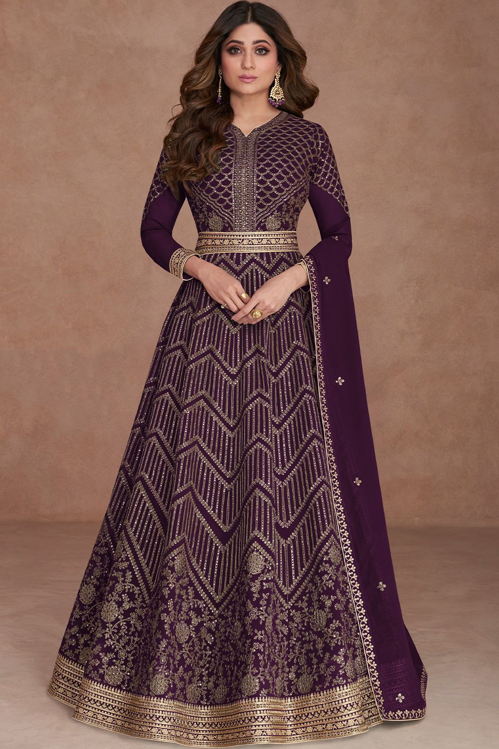 Dark Purple Georgette  Embroidered Anarkali Suit
