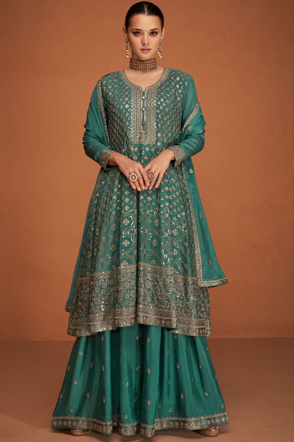 Teal Green Chinnon Sharara Suit