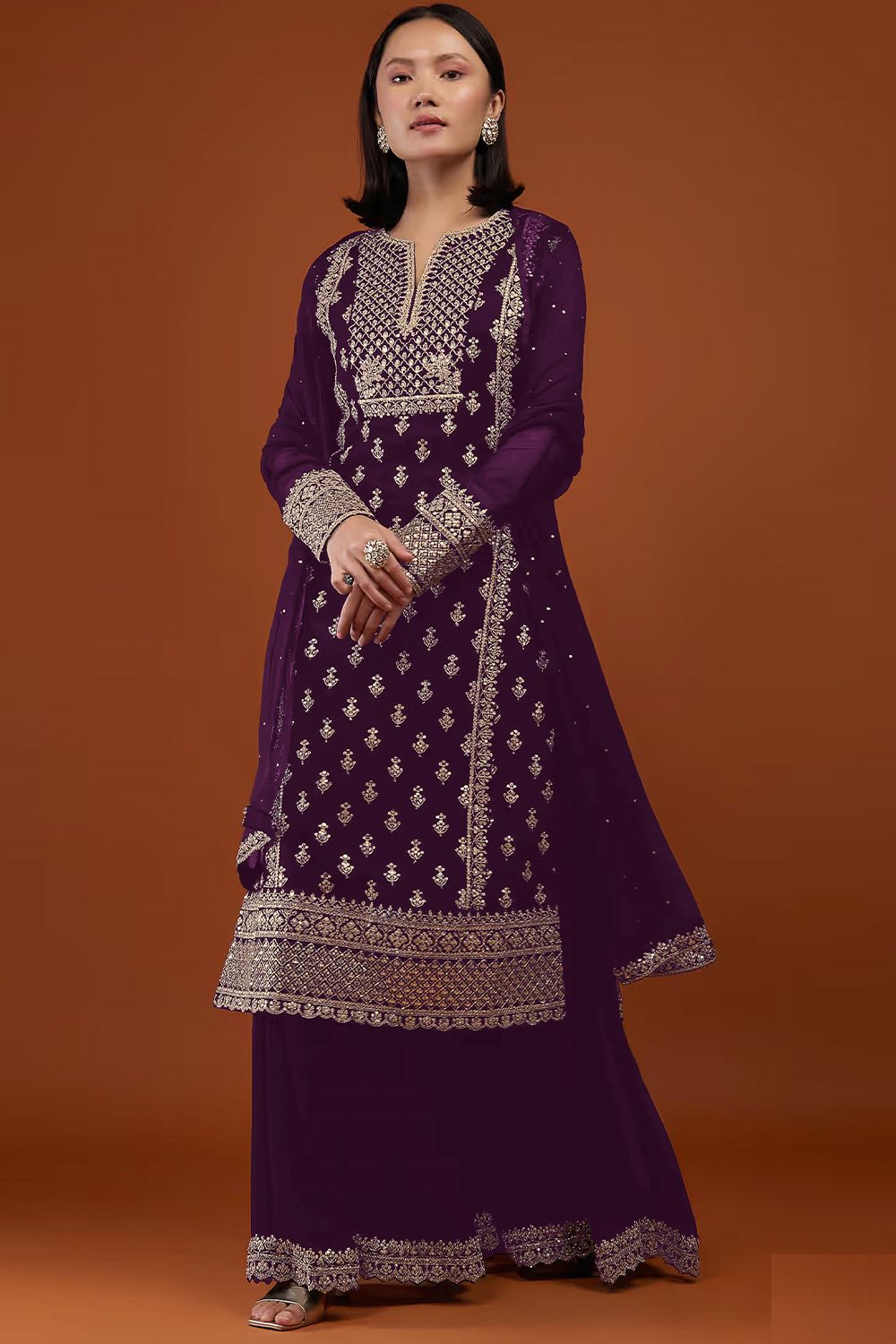 Purple Dori Embroidered Georgette Palazzo Suit