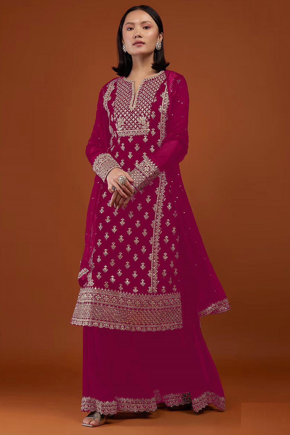 Pink Dori Embroidered Georgette Palazzo Suit