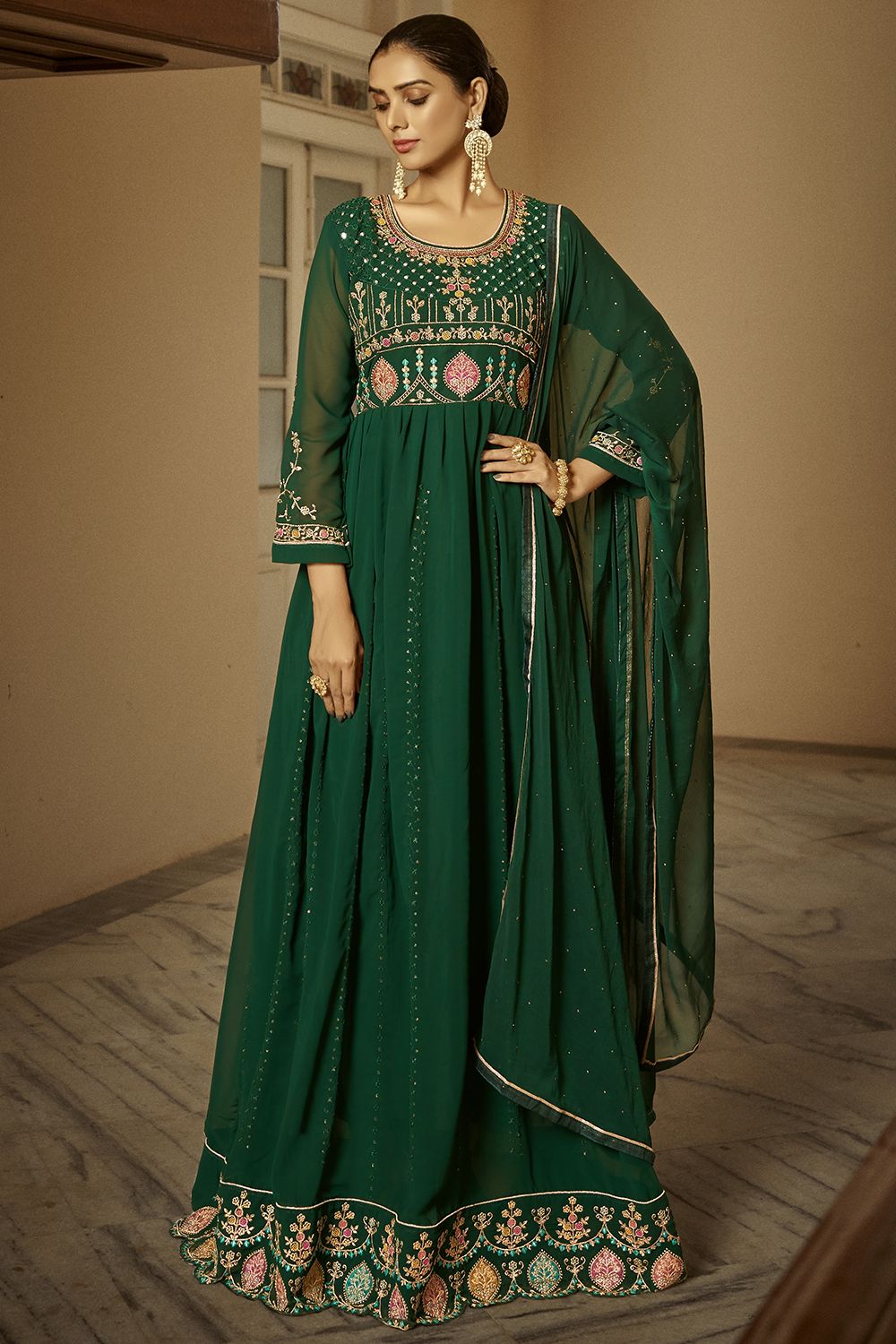 Dark Green Embroidered Georgette Anarkali Suit