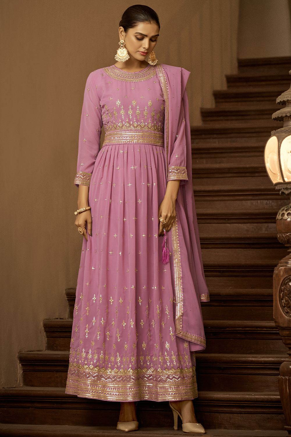 Pink Embroidered Georgette Anarkali Suit