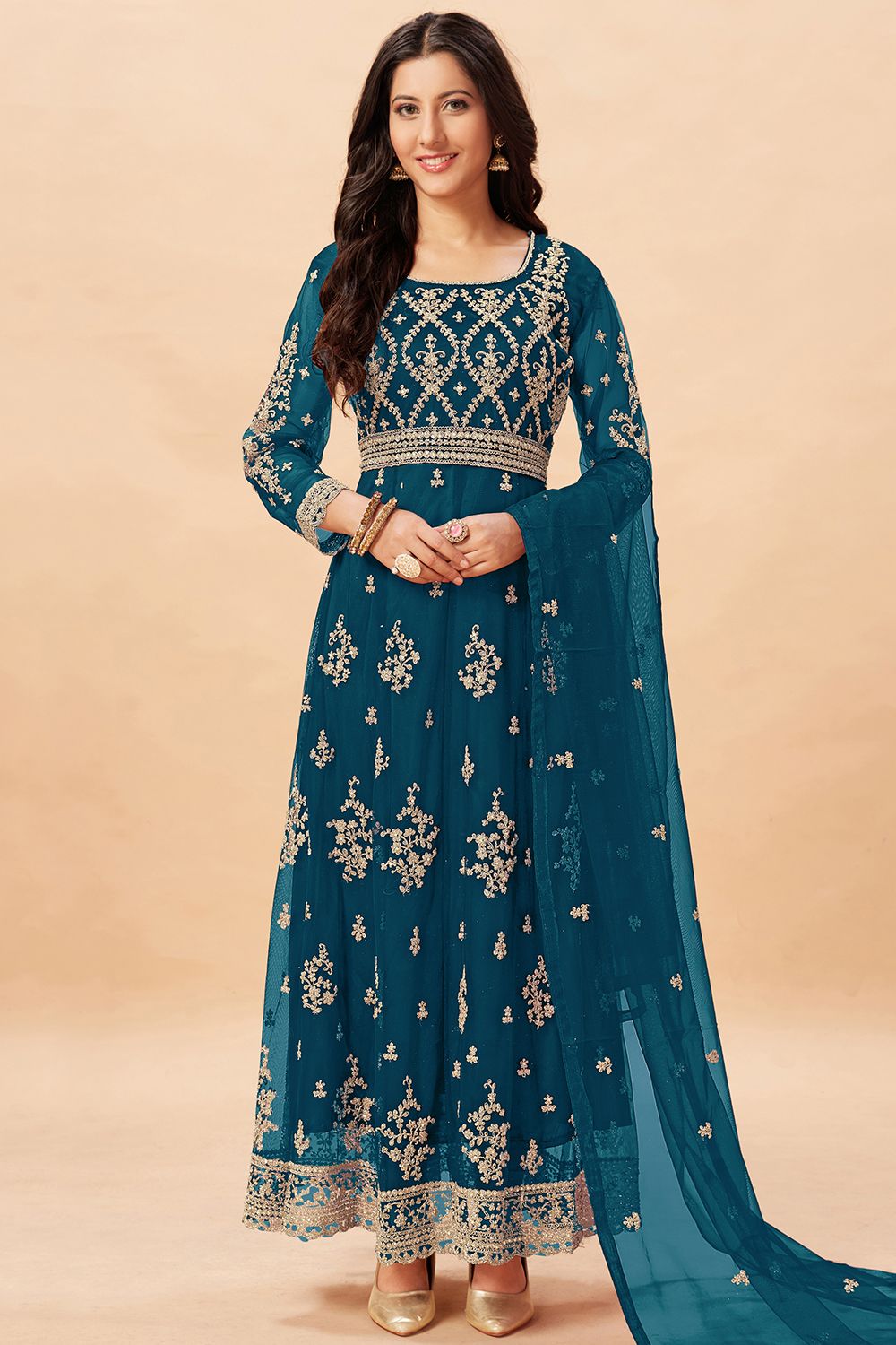 Teal Blue Embroidered Net Anarkali Suit