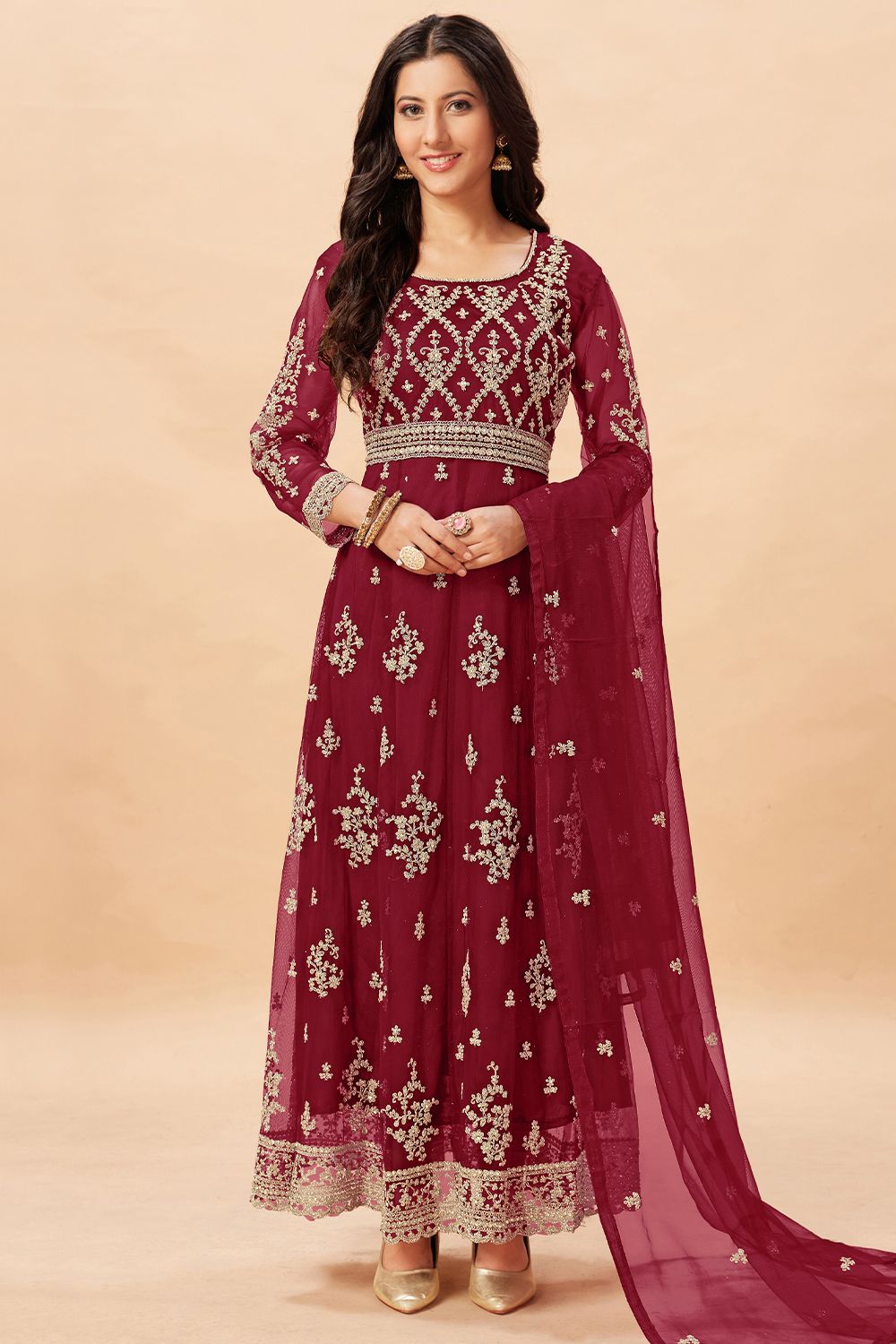 Maroon Net Embroidered  Anarkali Suit 
