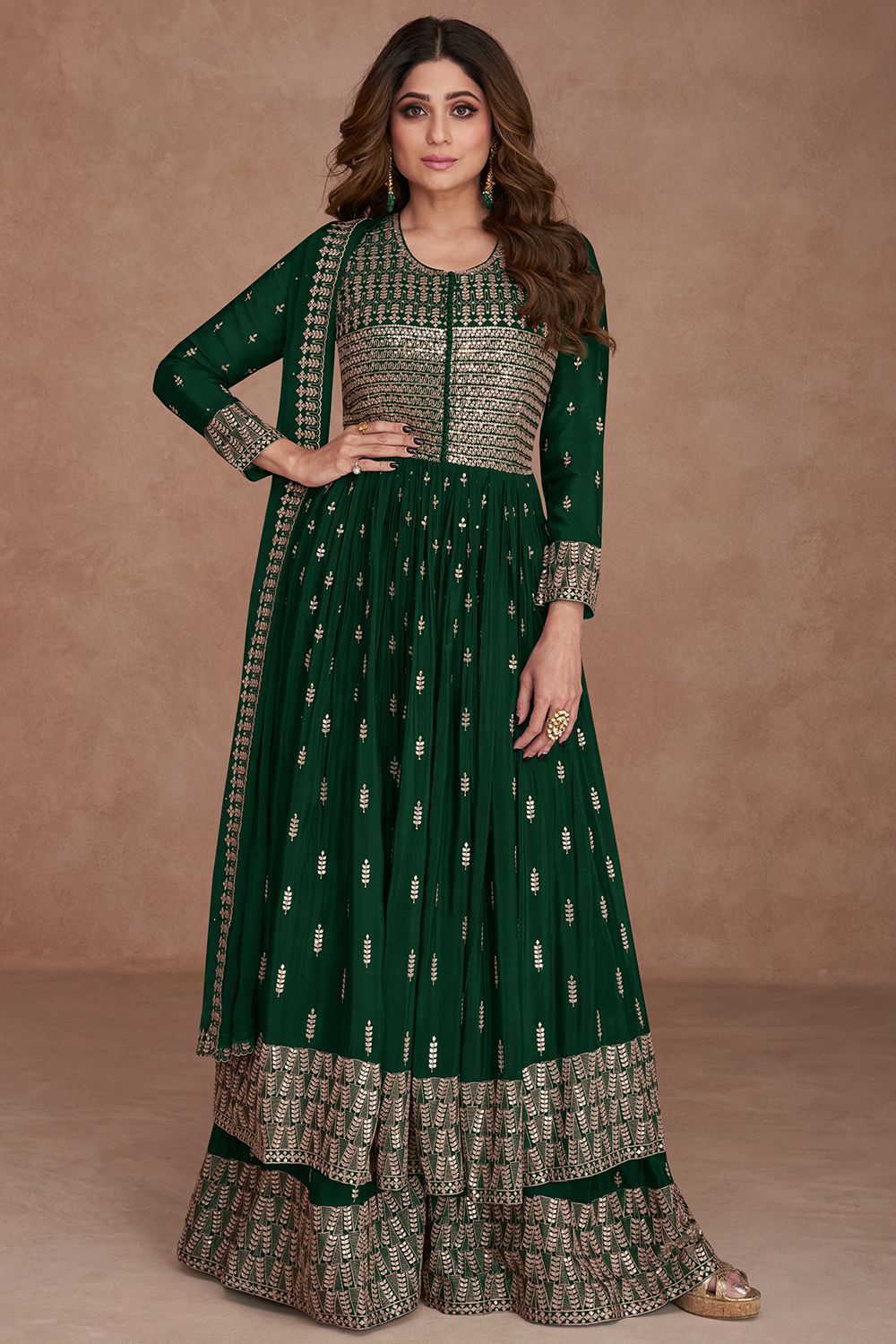 Dark Green Embroidered Georgette Anarkali Style Palazzo Suit