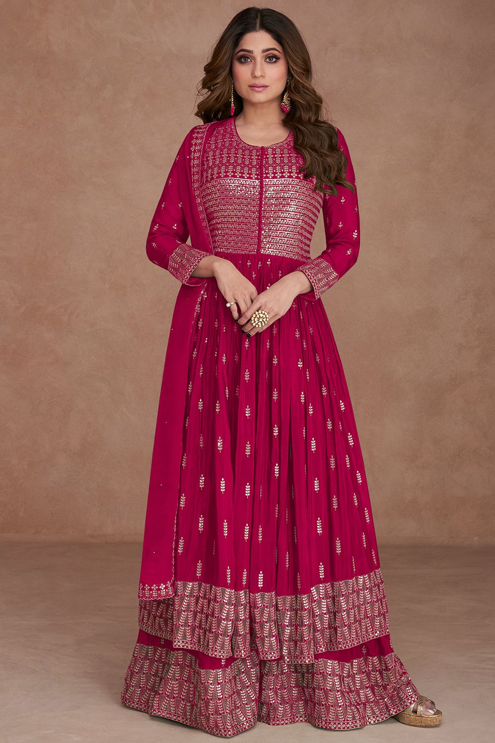 Pink Embroidered Georgette Anarkali Style Palazzo Suit