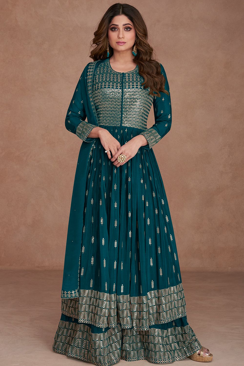 Teal Blue Embroidered Georgette Anarkali Style Palazzo Suit