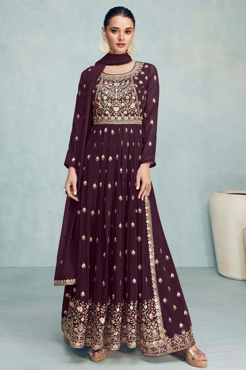 Wine Maroon Georgette Palazzo Suit