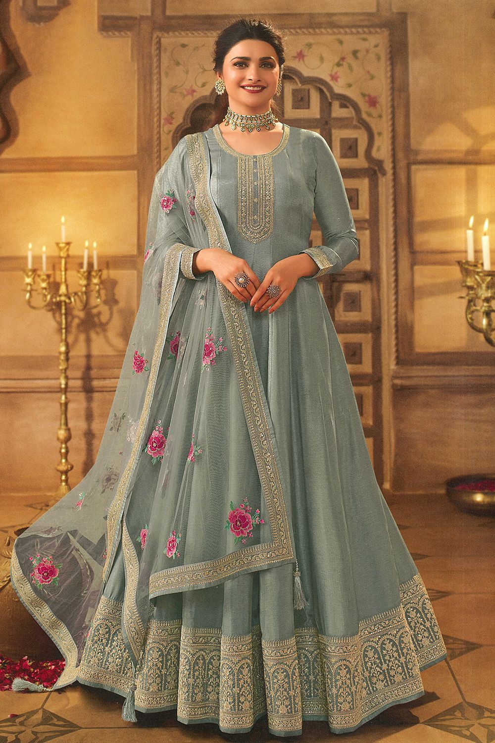 Grey Embroidered Full Sleeve Silk Anarkali Suit