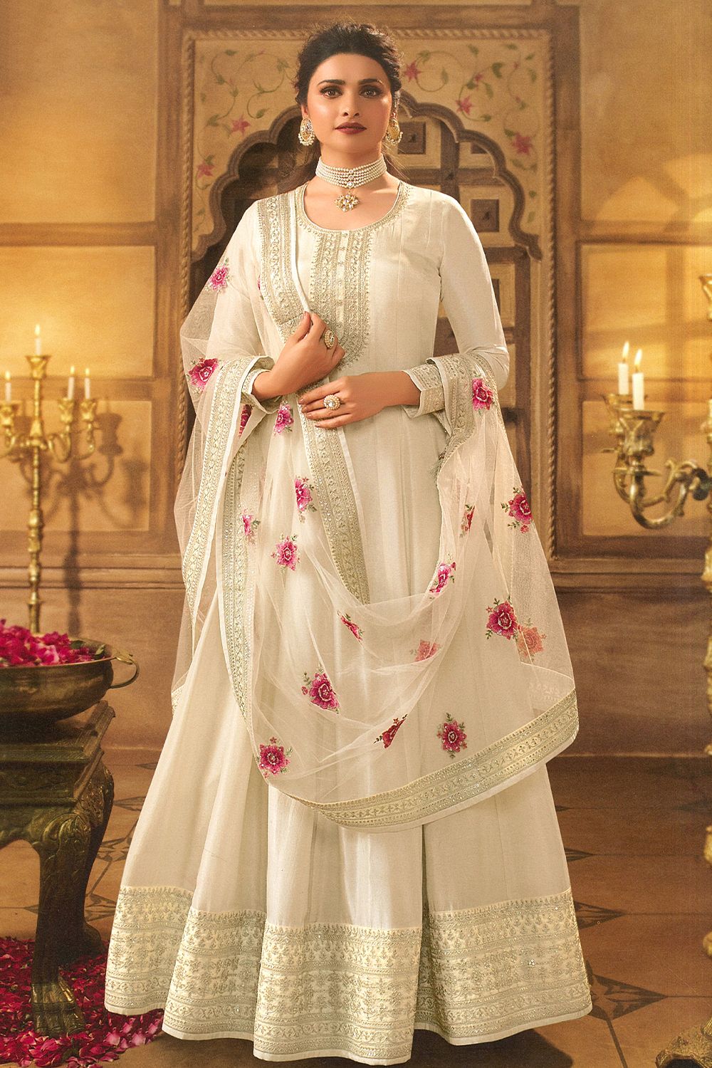 White Embroidered Full Sleeve Silk Anarkali Suit