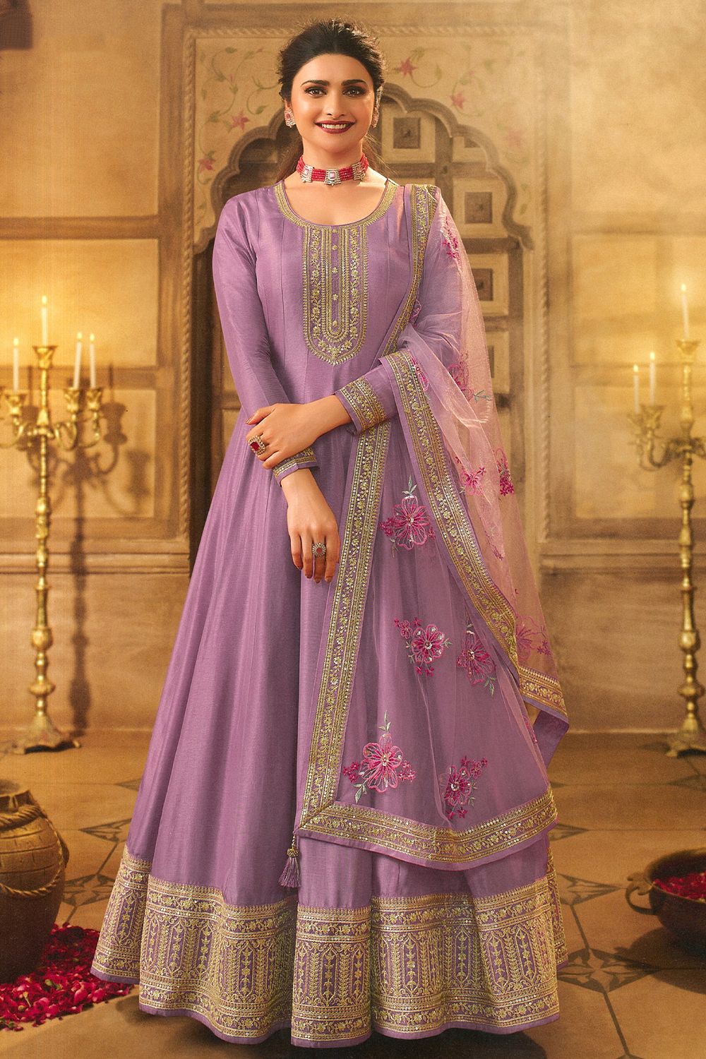 Lavender Embroidered Full Sleeve Silk Anarkali Suit