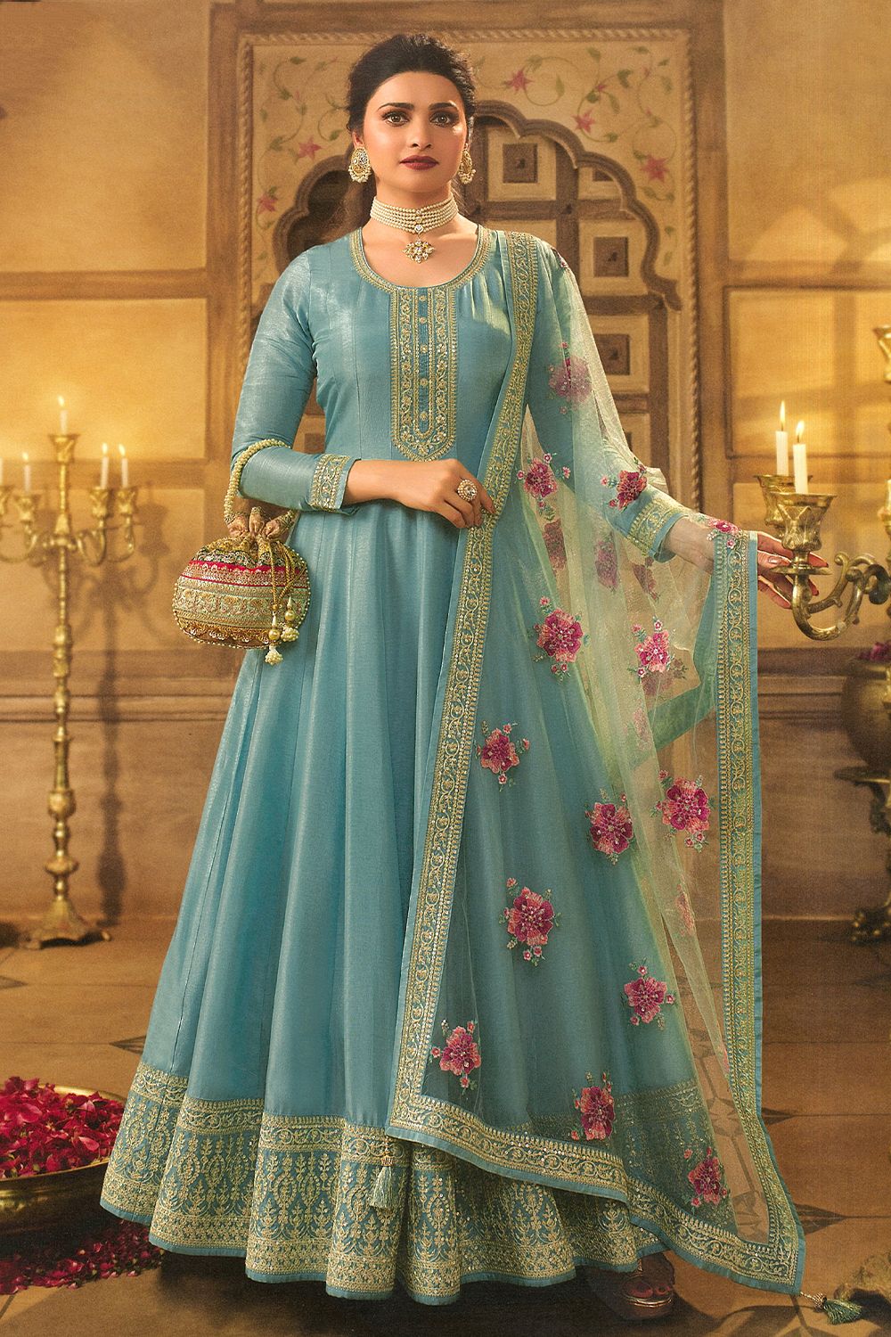 Dusty Blue Embroidered Full Sleeve Silk Anarkali Suit