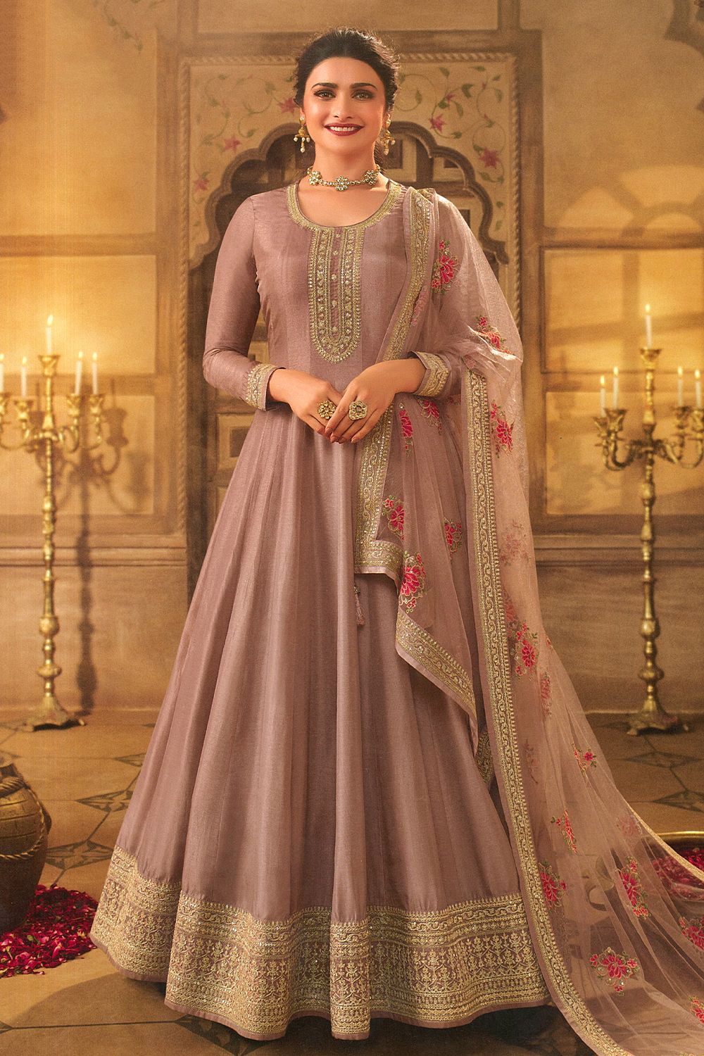 Mauve Embroidered Full Sleeve Silk Anarkali Suit
