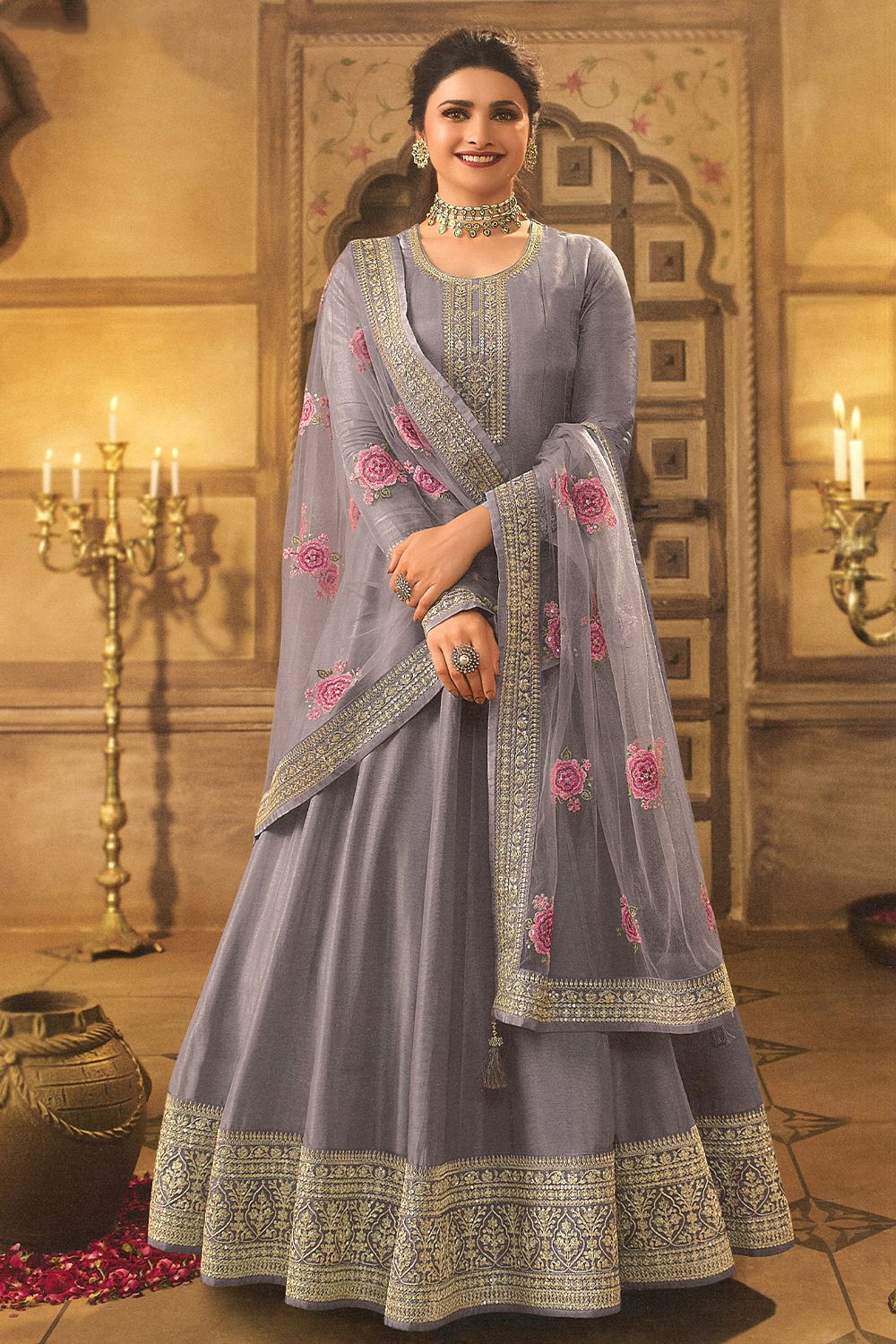 Purple Grey Embroidered Full Sleeve Silk Anarkali Suit