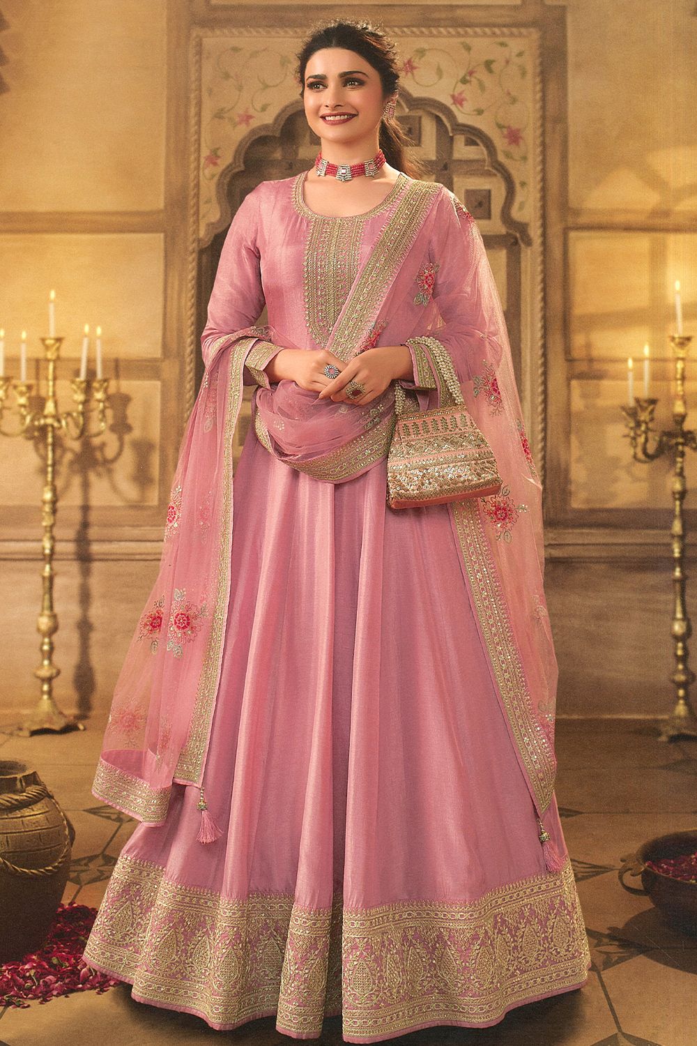Pink Embroidered Full Sleeve Silk Anarkali Suit