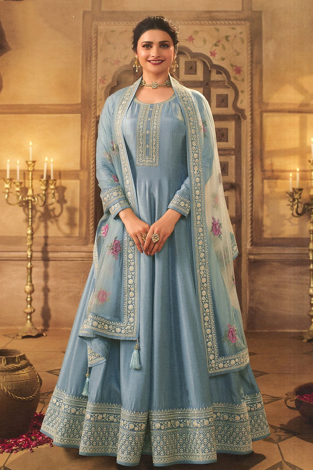 Powder Blue Embroidered Full Sleeve Silk Anarkali Suit