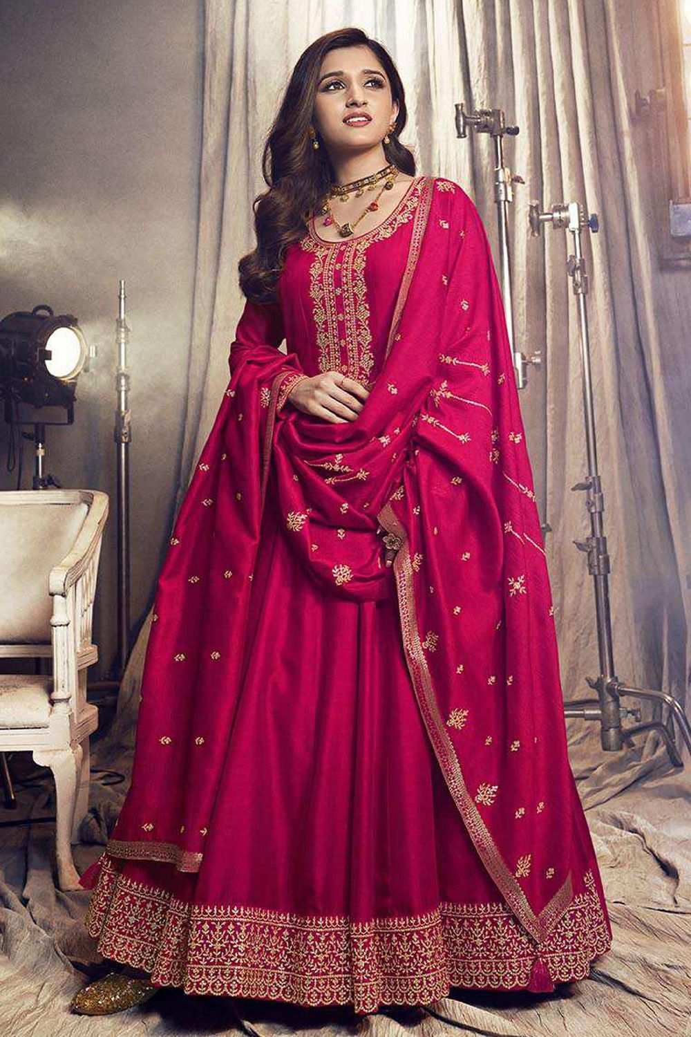 Ruby Pink Embroidered Georgette Silk Full Sleeve Anarkali Suit 