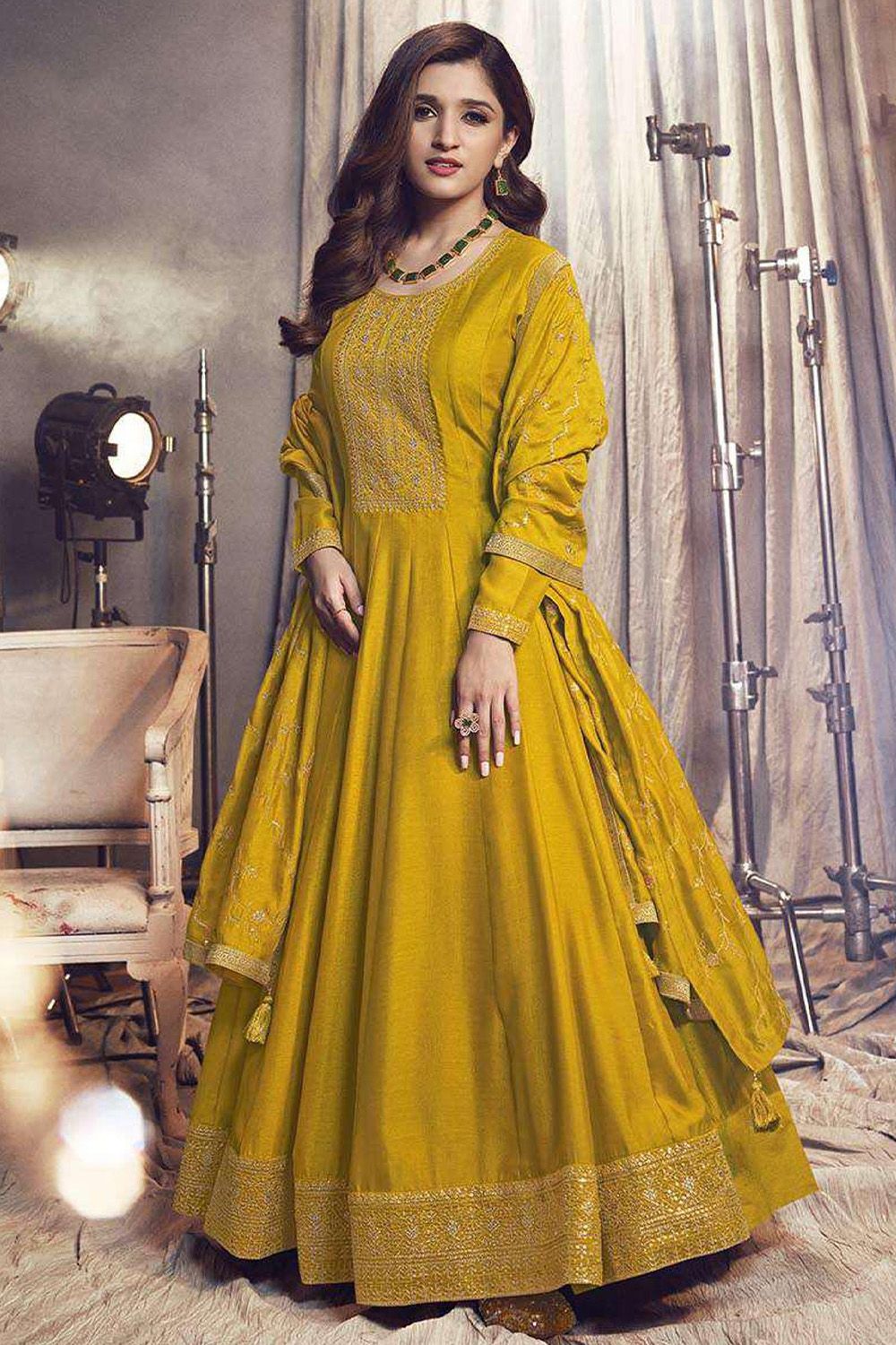 Yellow Embroidered Full Sleeve Georgette Silk Anarkali Suit 