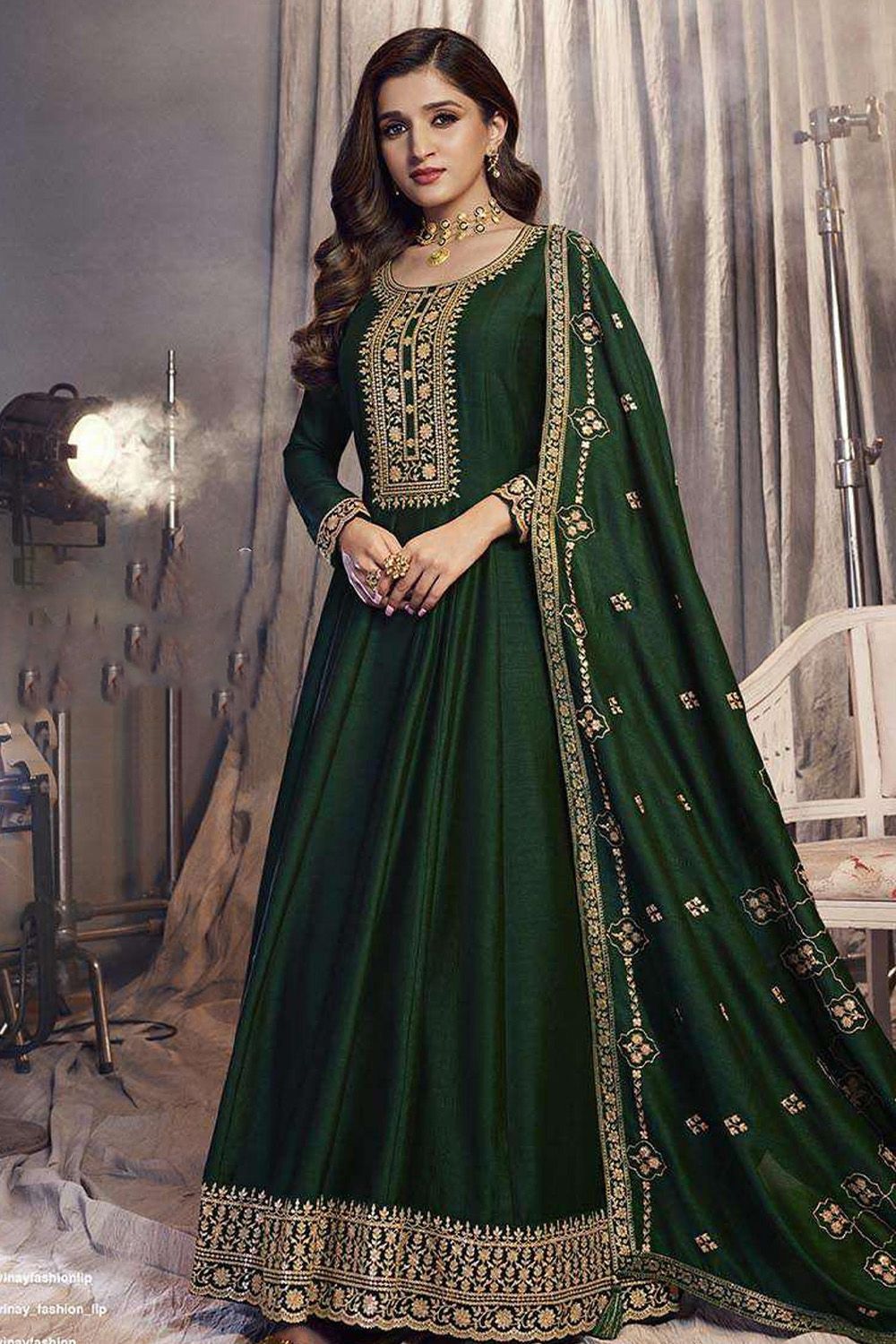 Dark Green Embroidered Full Sleeve Georgette Silk Anarkali Suit 