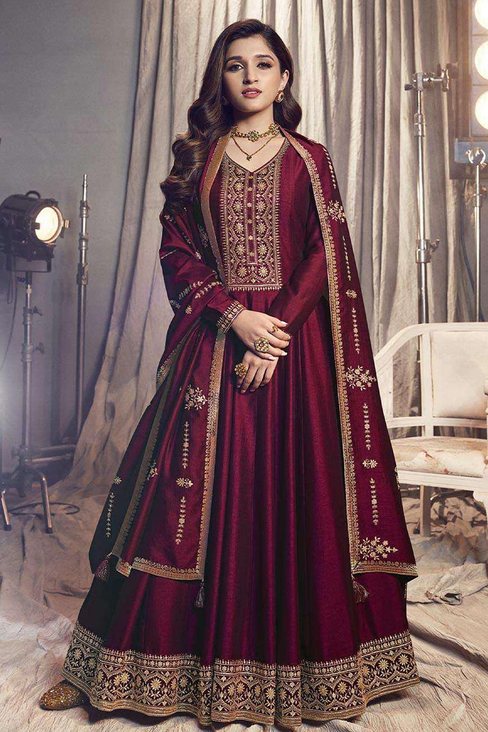 Maroon Embroidered Full Sleeve Georgette Silk Anarkali Suit 