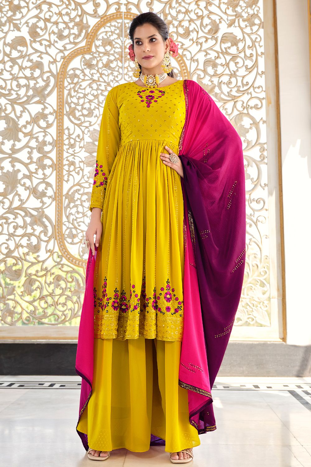 Yellow Sharara Style Georgette Salwar Suit
