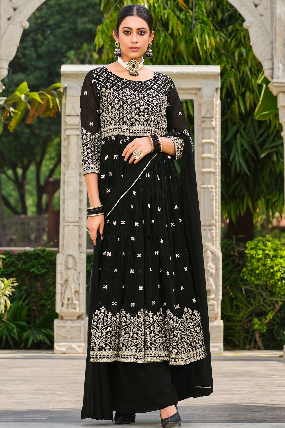 Black Zari Embroiered Fox Georgette Palazzo Suit