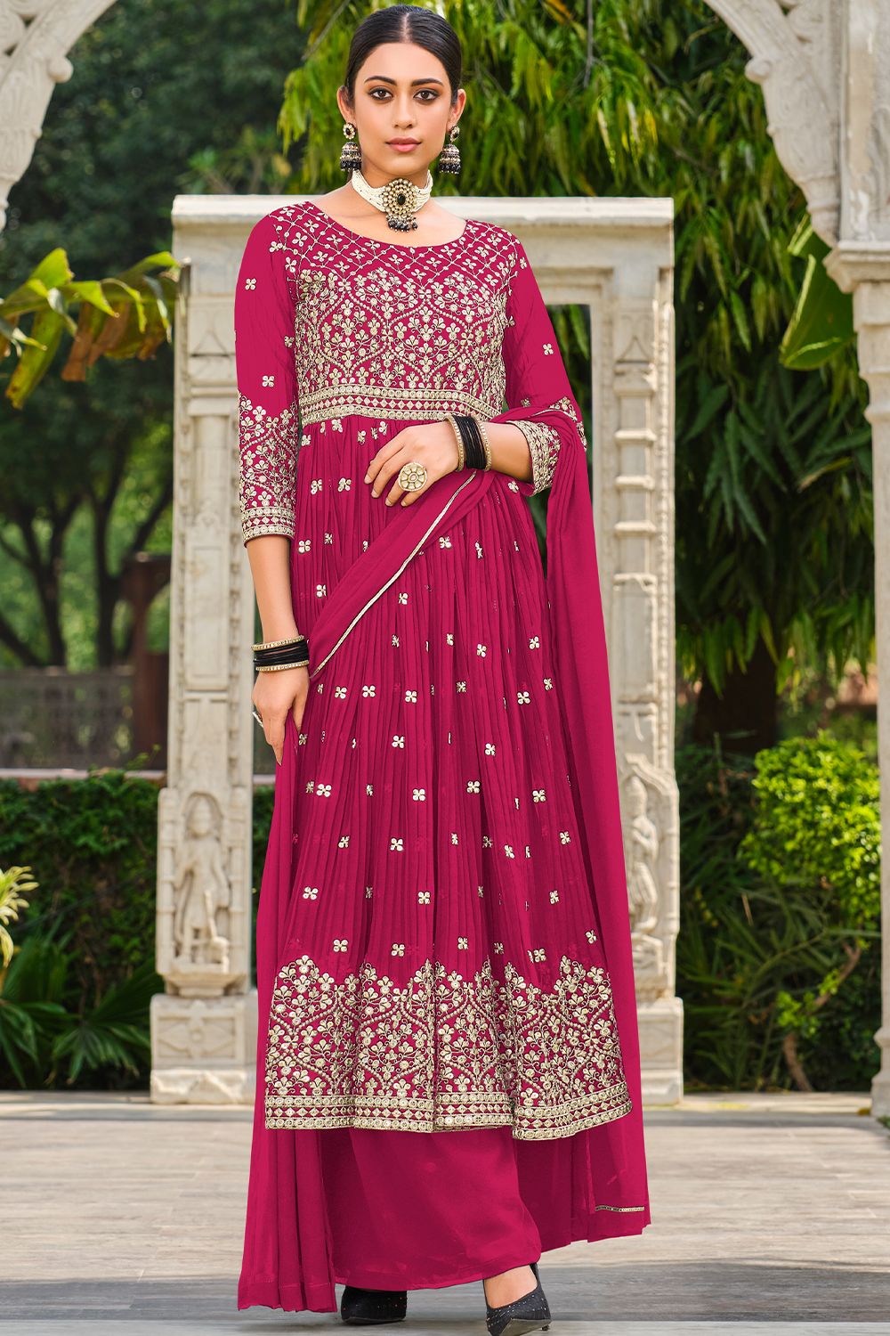 Ruby Pink Zari Embroiered Fox Georgette Palazzo Suit
