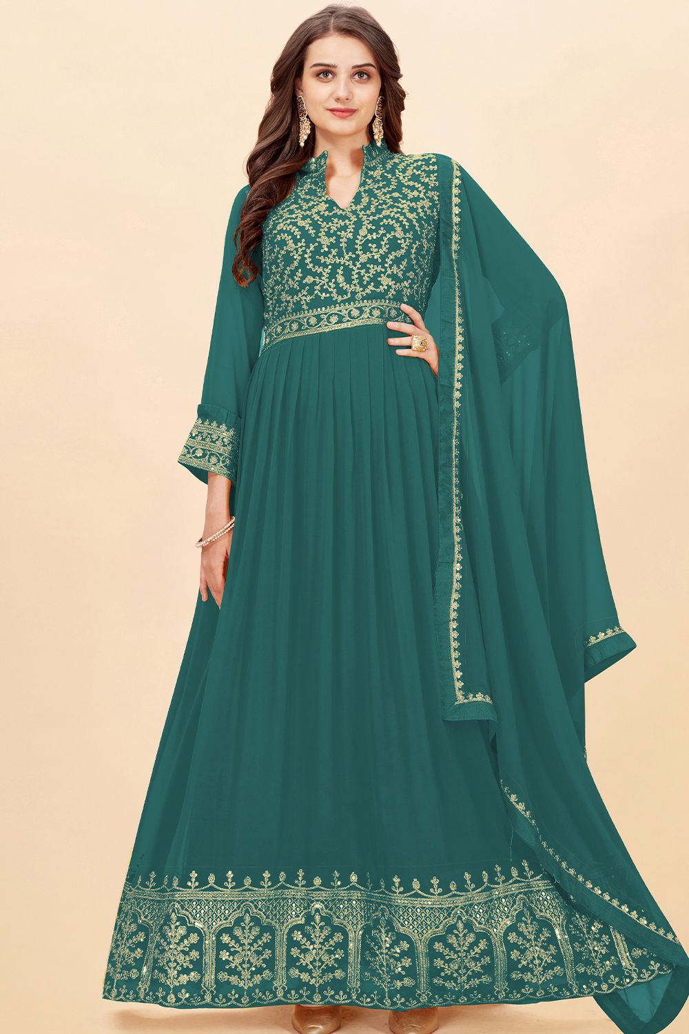 Teal Green Georgette Anarkali Style Suit