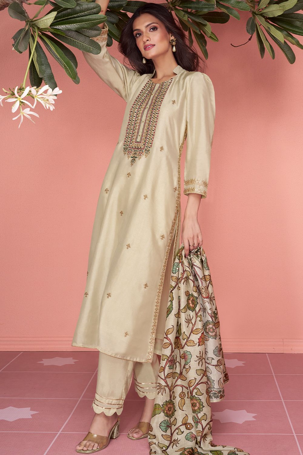 Beige Silk Party Wear Salwar Kameez