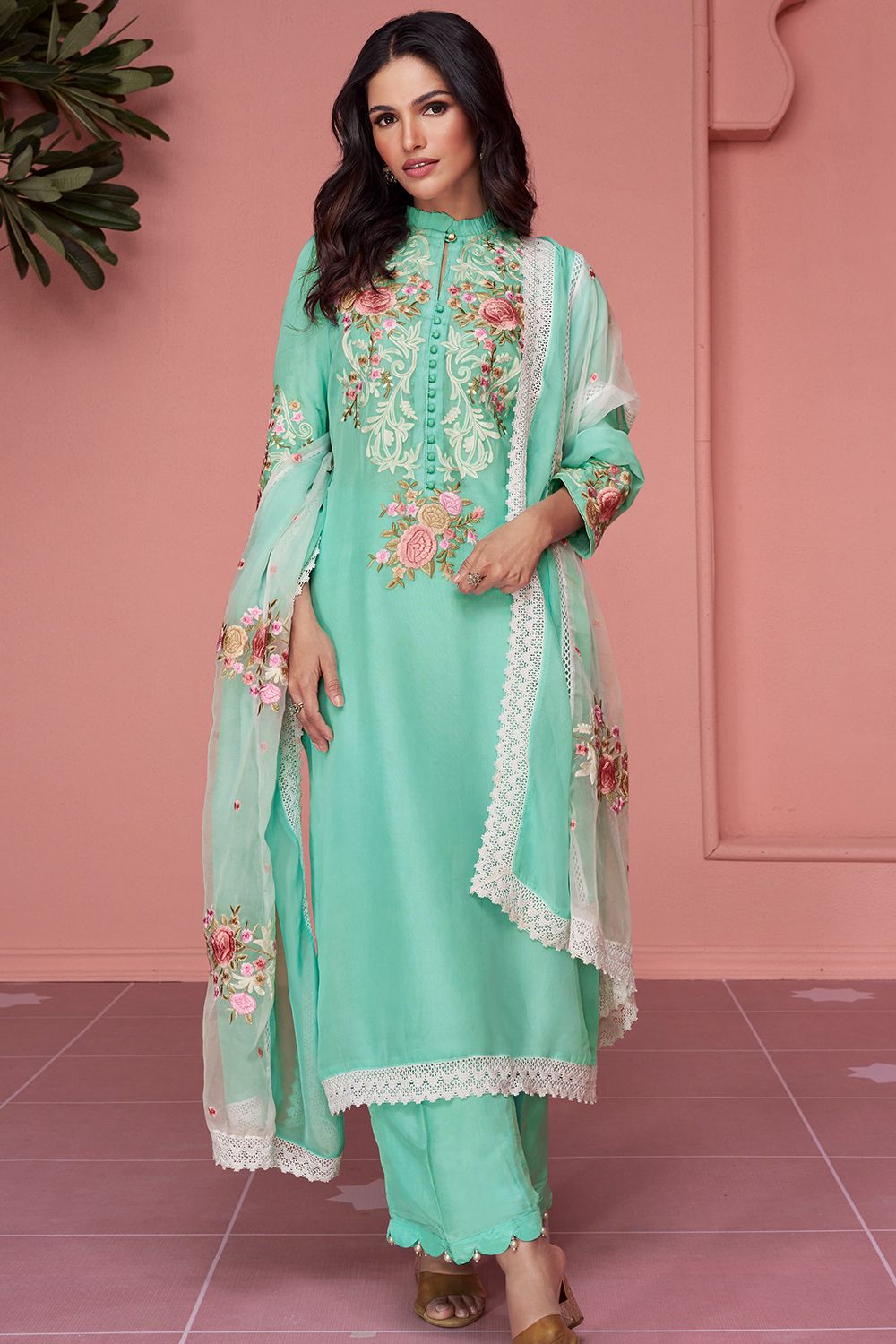 Pastel Green Silk Party Wear Salwar Kameez