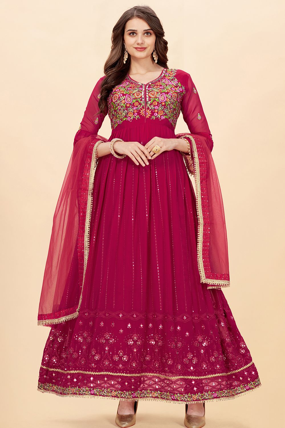 Dark Pink Georgette  Sequins Embroidered Anarkali Suit