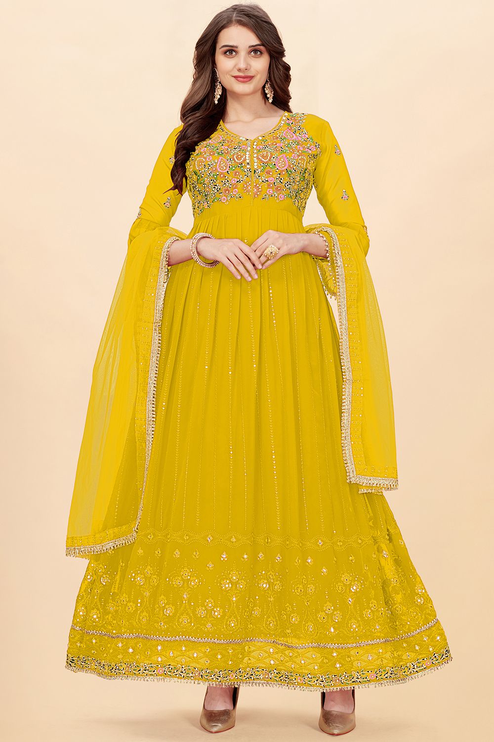 Yellow Georgette  Sequins Embroidered Anarkali Suit