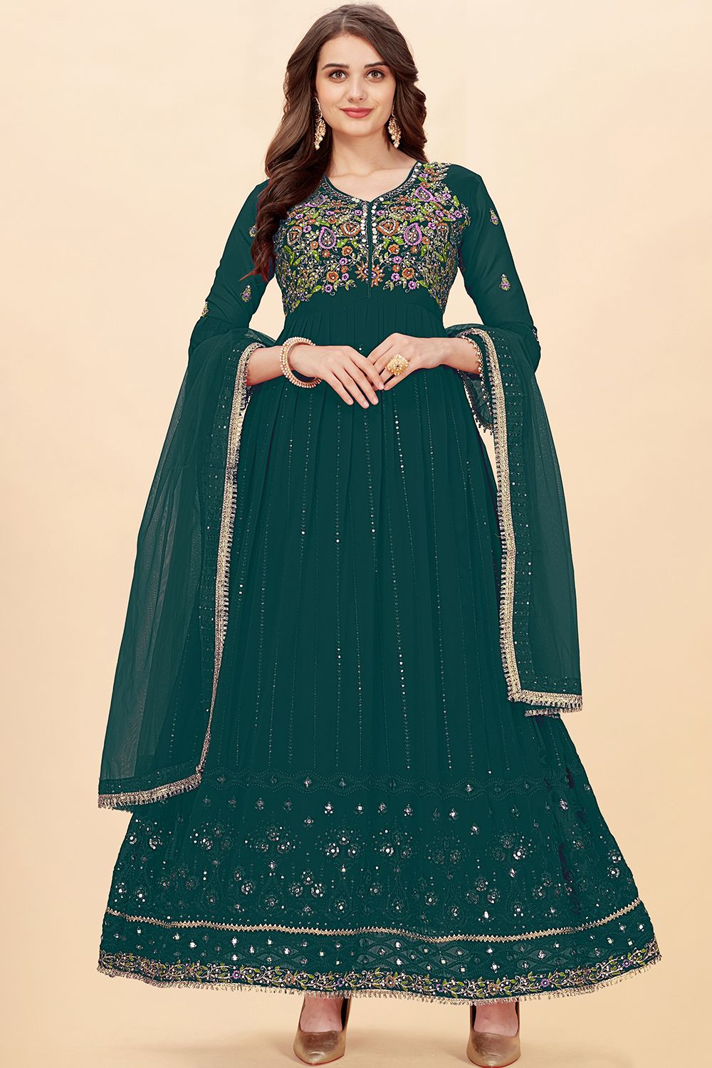 Peacock Green Georgette  Sequins Embroidered Anarkali Suit
