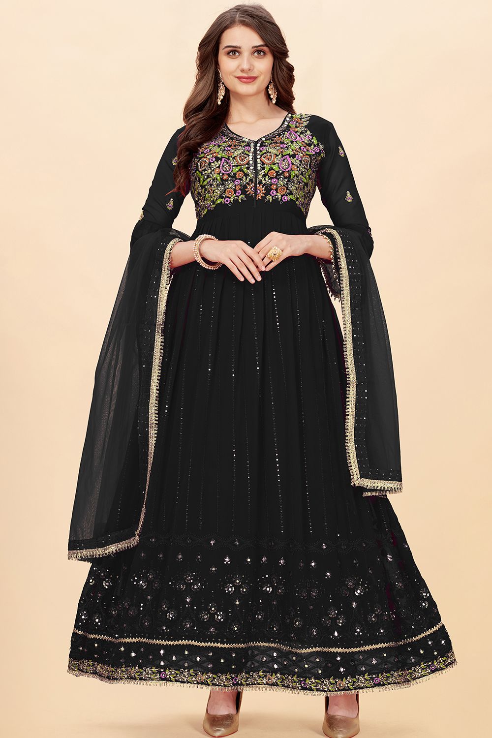 Black Georgette  Sequins Embroidered Anarkali Suit