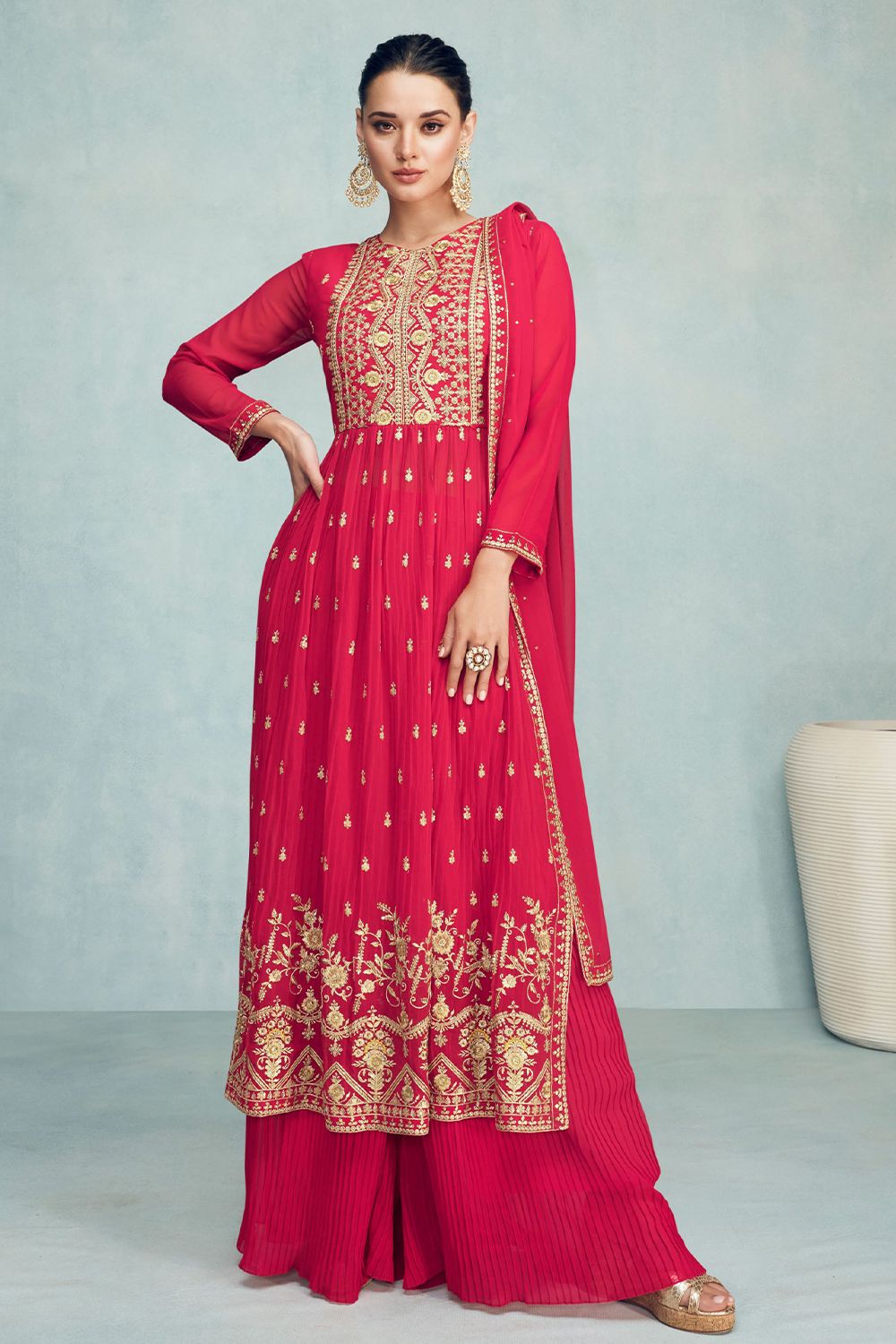 Cerise Pink Georgette Long Palazzo Suit