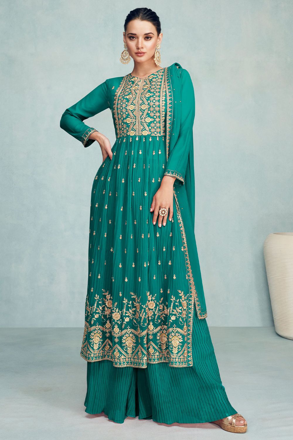 Sea Green Georgette Long Palazzo Suit