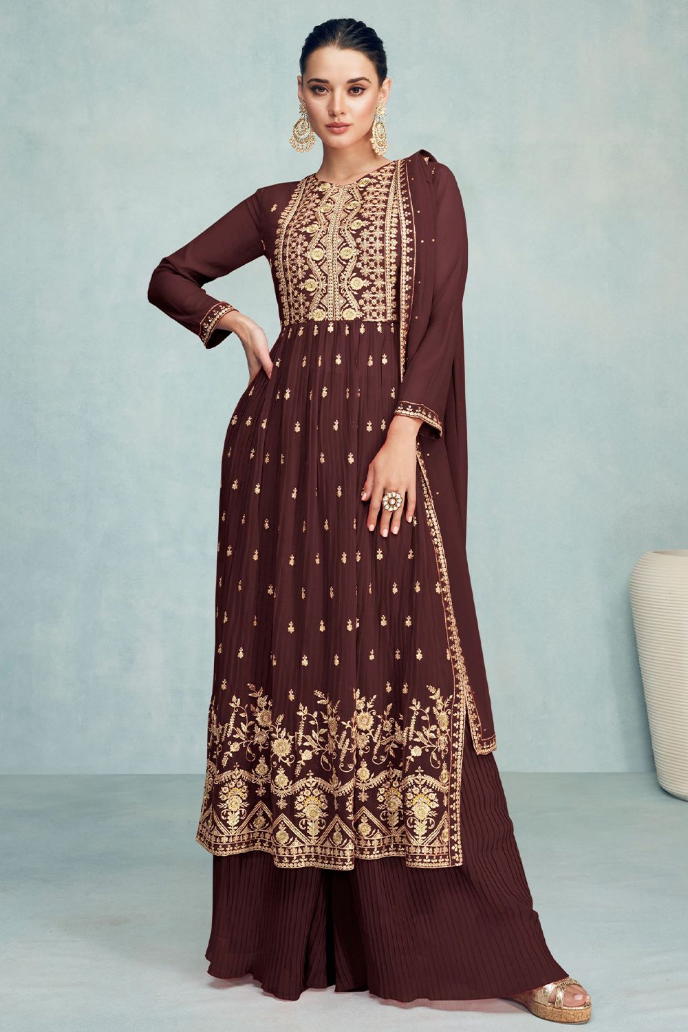 Brown Georgette Long Palazzo Suit