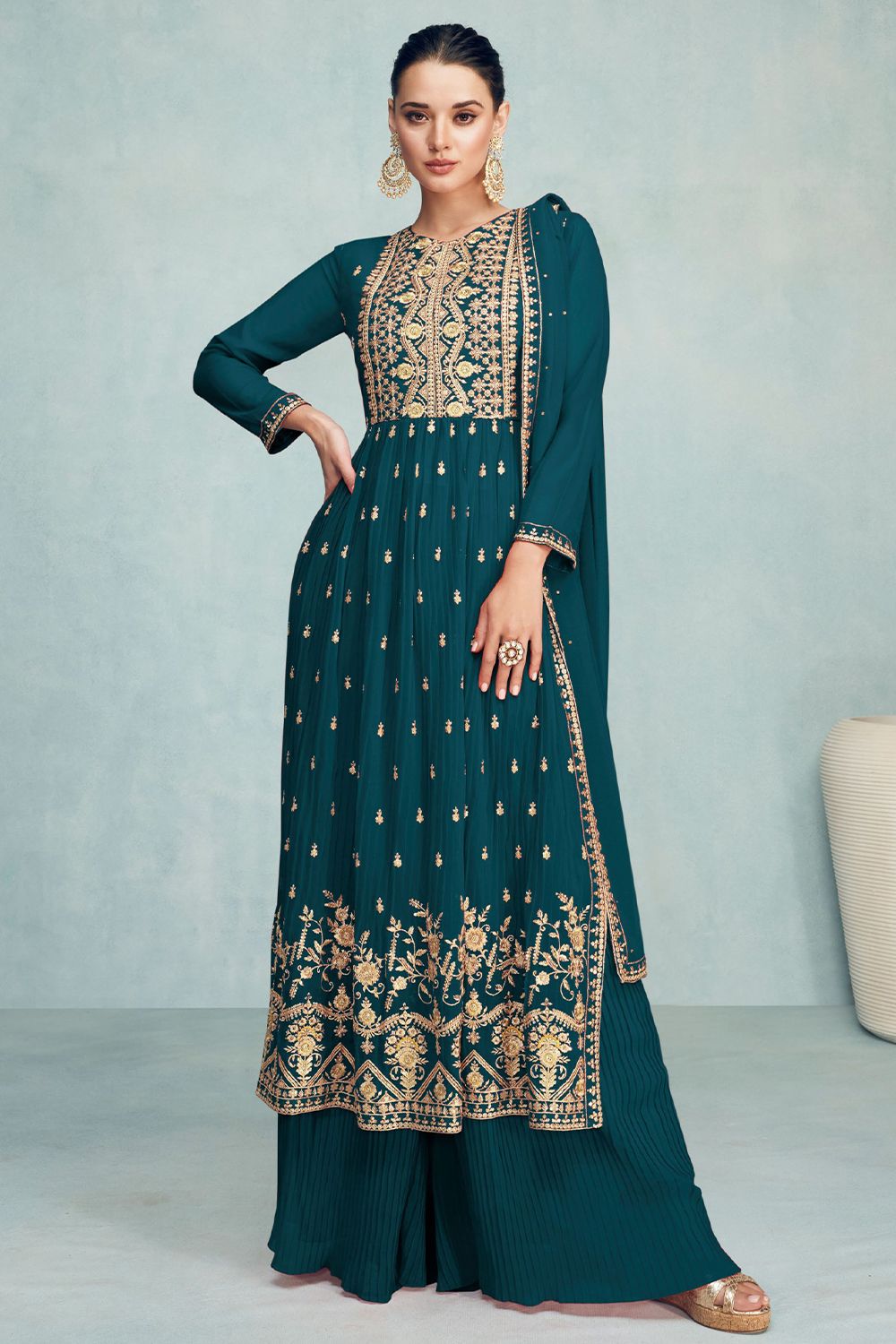 Teal Blue Georgette Long Palazzo Suit
