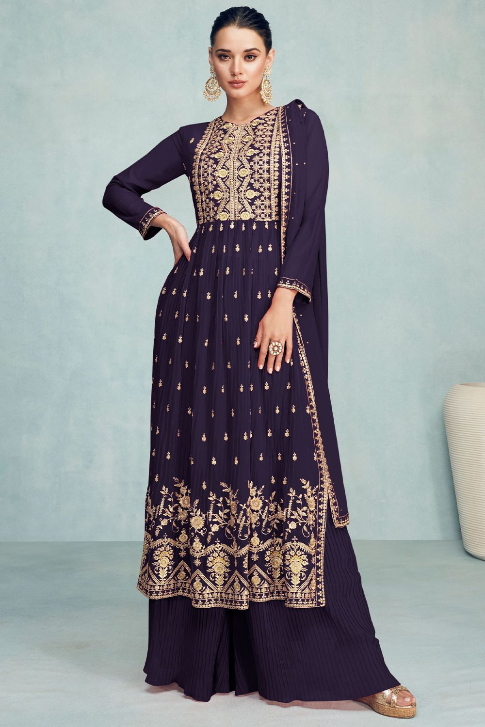 Prussian Blue Georgette Long Palazzo Suit