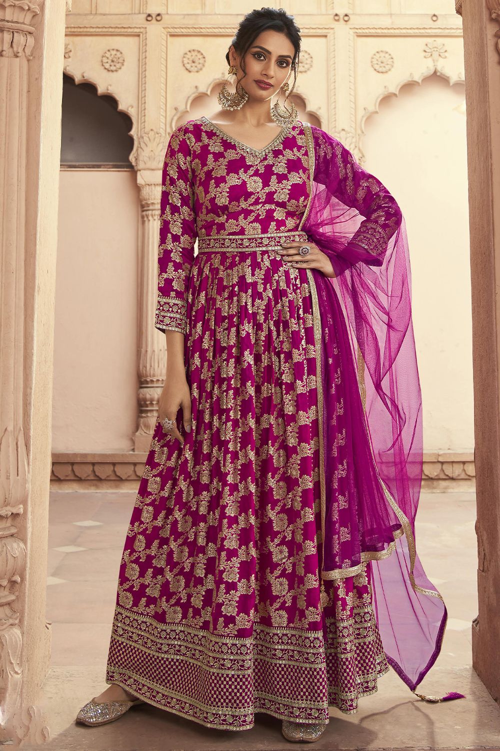 Pink Jacquard Anarkali Suit