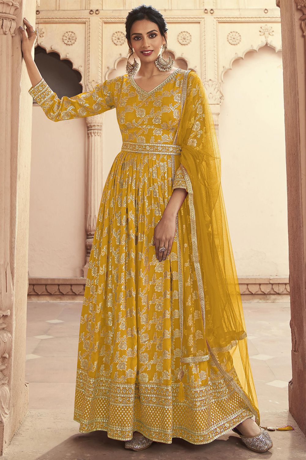 Yellow Jacquard Anarkali Suit