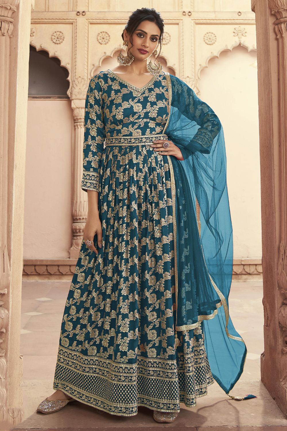 Sky Blue Jacquard Anarkali Suit