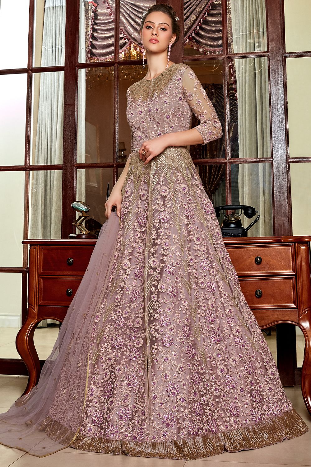 Light Purple Embroidered Long Net Anarkali Gown