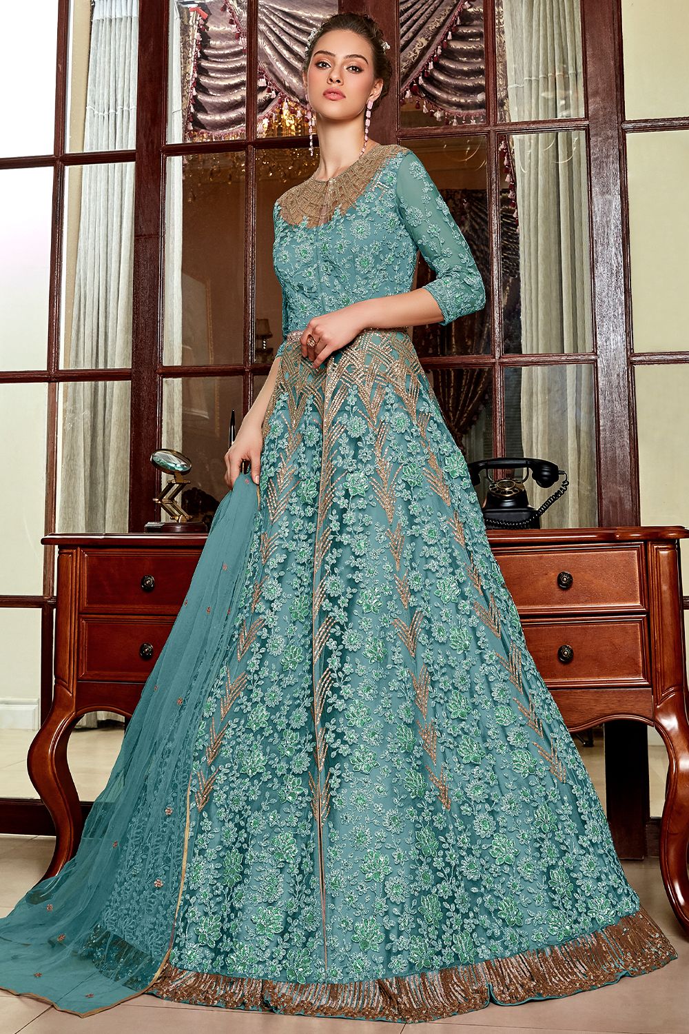 Sky Blue Embroidered Long Net Anarkali Gown