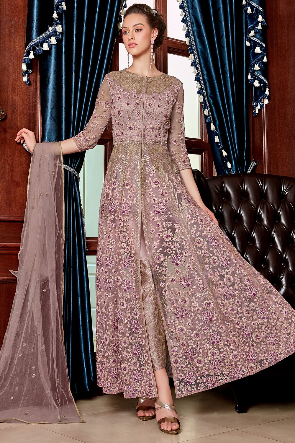 Lilac Embroidered Long Net Anarkali Suit
