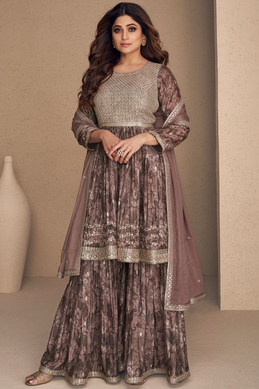 Coffee Brown Chinnon Silk Sharara Suit