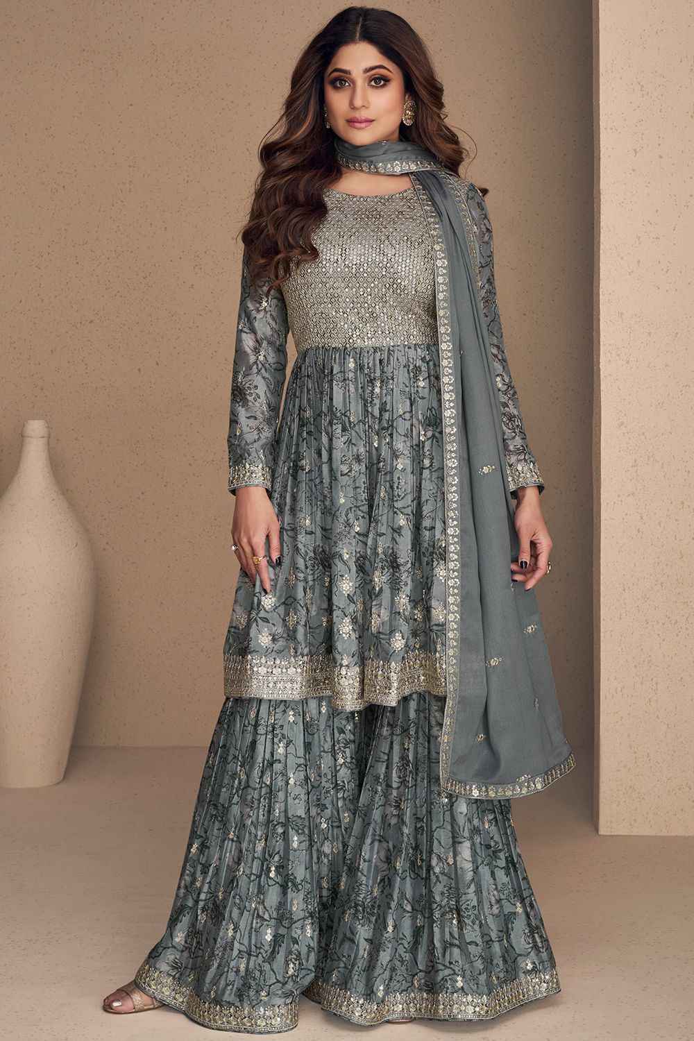 Grey  Chinnon Silk Sharara Suit