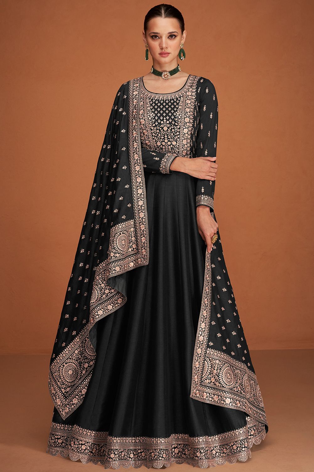 Black Embroidered Silk Anarkali Suit