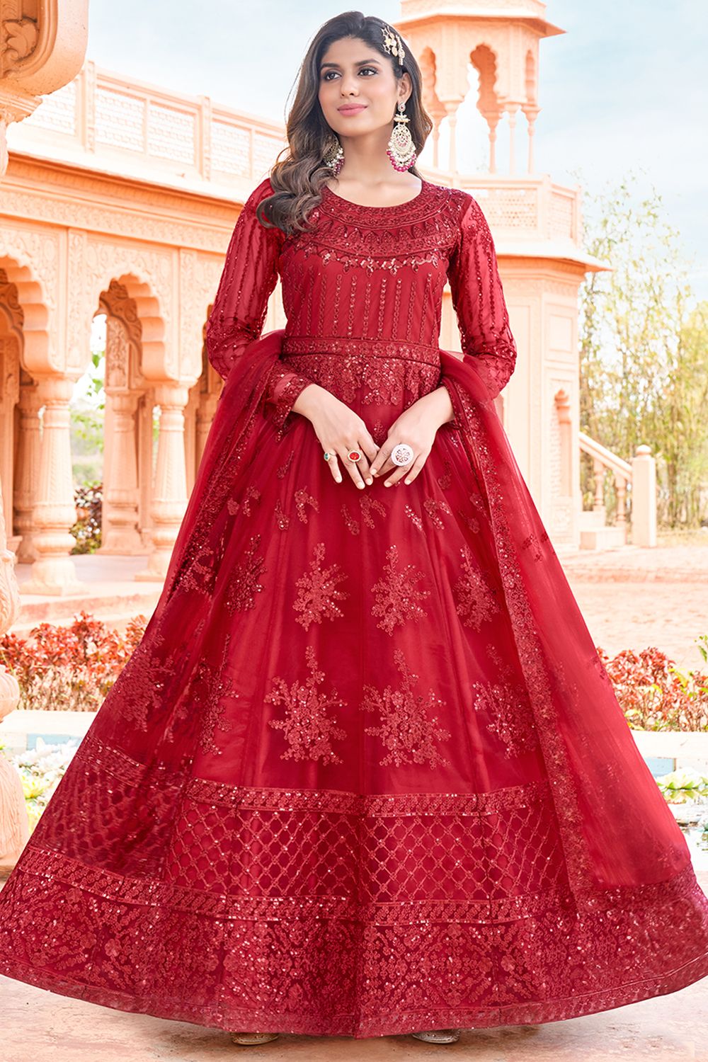 Brick Red Embroidered Net Anarkali Suit